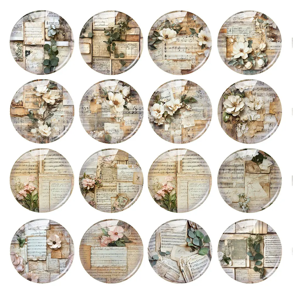 Random Mixed Round/Oval/Square Vintage Collage Flower Aged Paper Photo Glass Cabochon Flatback Demo Cameo For Diy Jewelry Making