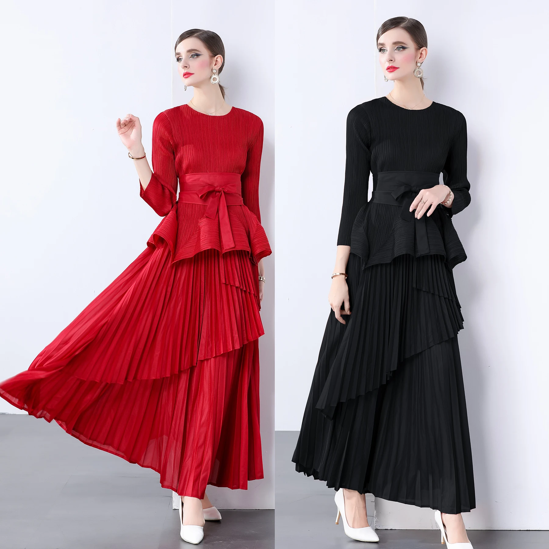 Miyake Irregular Lantern Skirt Top+long Lace Up Pleated Skirt Womens Two Peice Sets French Retro Pleated Autumn Skirts 2024