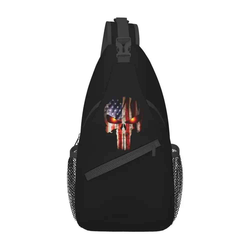 Punish Skeleton Skull American Flag Sling Bags for Cycling Camping Men Heavy Crossbody Chest Backpack Shoulder Daypack