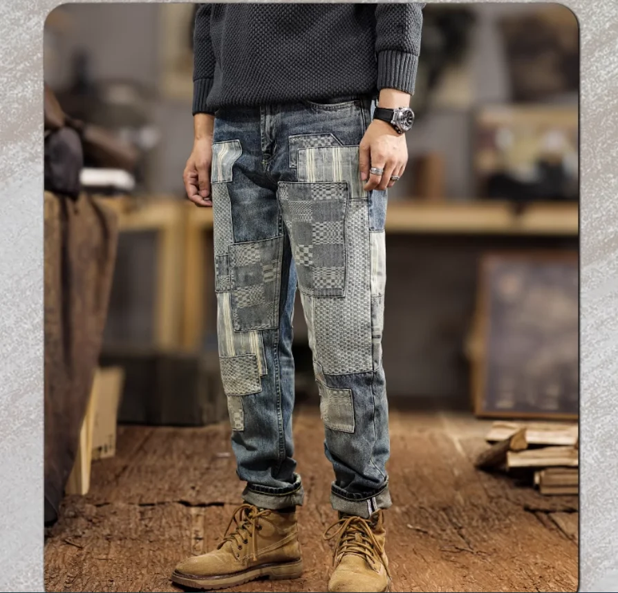 

Мужские тяжелые джинсы премиум-класса в стиле пэчворк — винтажные удобные брюки прямого кроя в американском стиле High Street на заказ и бавовна