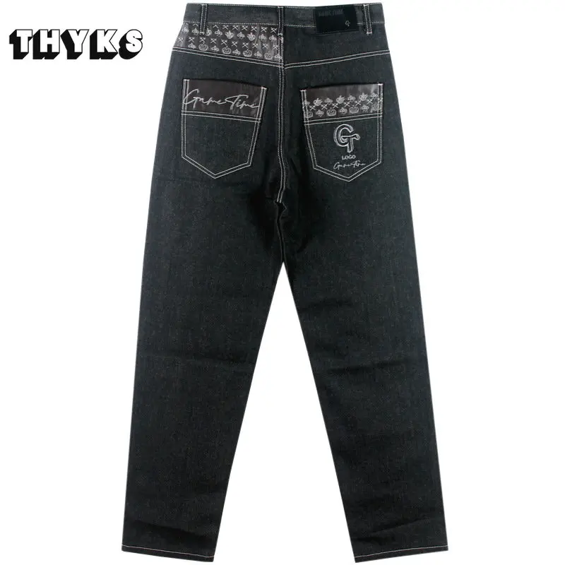 High Street HIP-HOP Punk Style Men\'s Jeans Straight Baggy Skateboard Denim Pants Street Dance Rap Male Black Trouses Plus