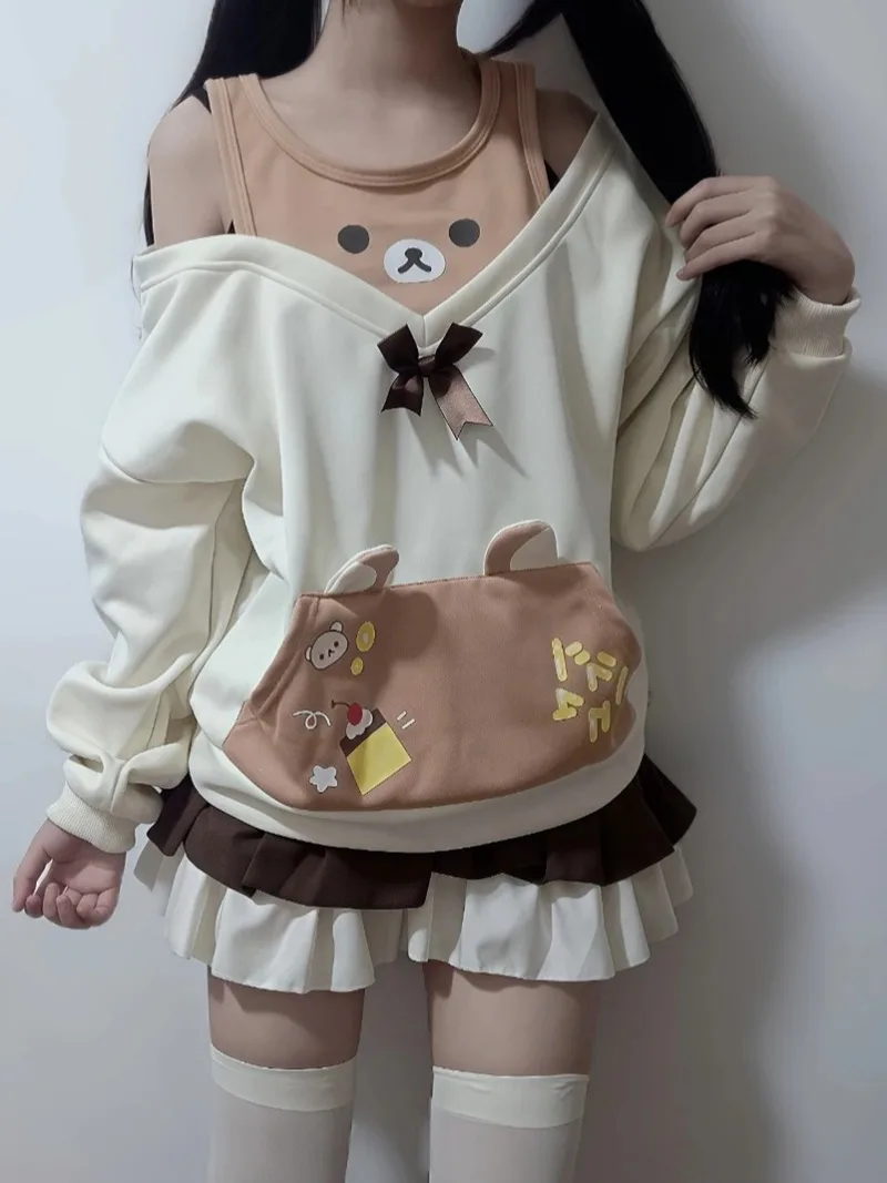 Kawaii Japanese Style Long Sleeve Top Open Shoulder Sweatshirts Sweet Bow ff Shoulder T-Shirt Bear Print Cute Lolita Tops Fall