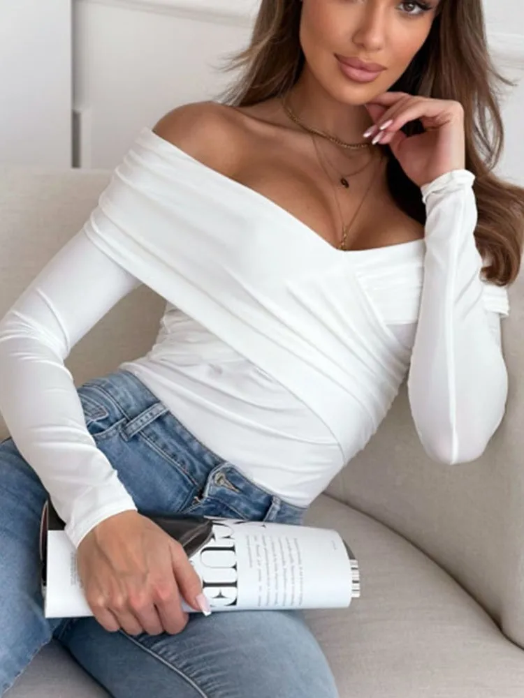 Women's White Sexy Blouses T-shirt Fall Winter New Fashion Bodycon Off-shoulder Long-sleeved Black T-shirt Tops  Women Clothing