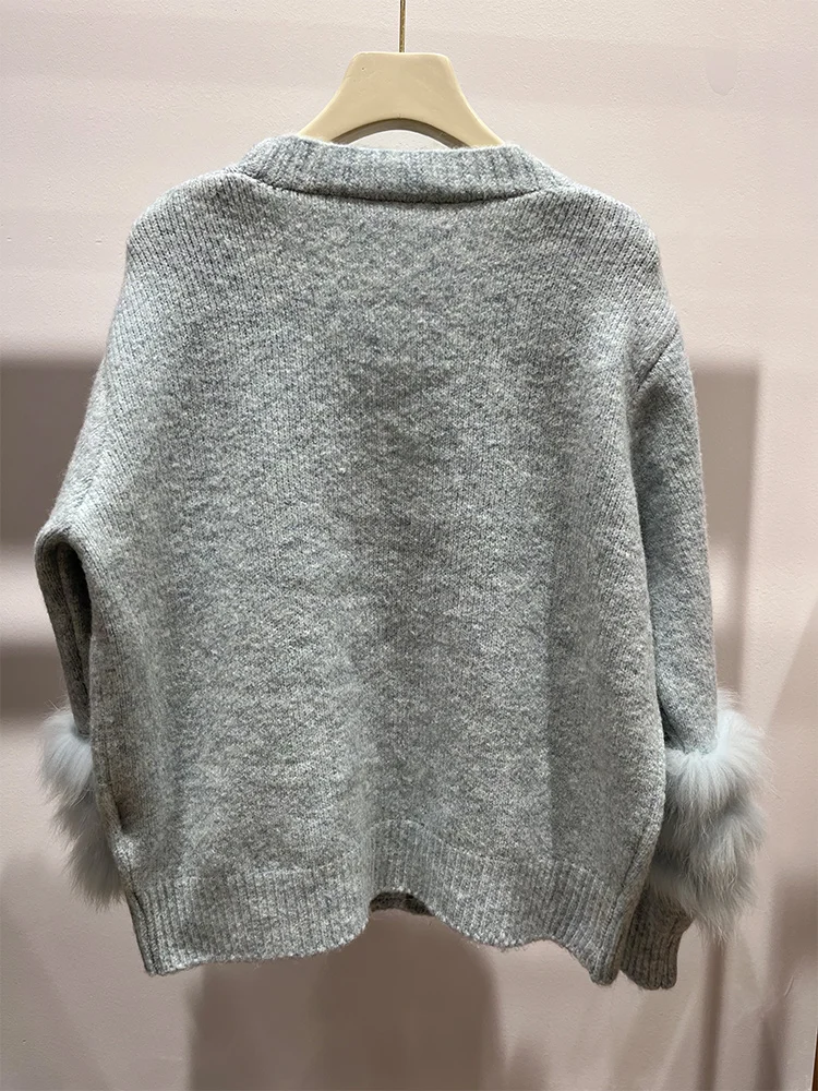 2025年 レディース ニット セーター 本物のキツネの毛皮付き ルーズ 長袖 暖かい Vネック カーディガン ジャケット 女性用 アウター