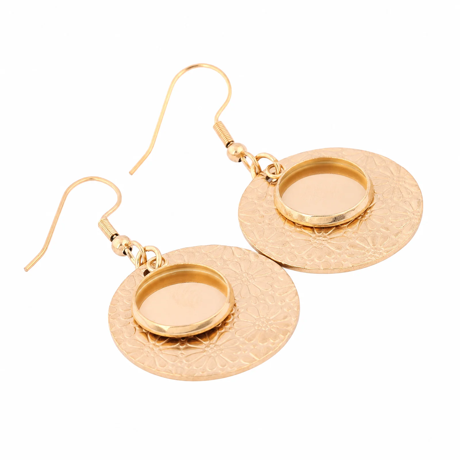 4pcs Gold Plated Stainless Steel Earring Base Blanks With 12mm Cabochon Trays Diy 25mm Embossed Flower Disc For Jewelry Making