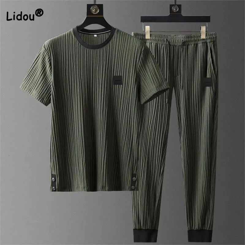 

Casual Men's Solid Color Short Sleeve Tracksuit Men Summer Male Clothes Trend Fashionable Round Neck T-shirt Pants Two Piece Set