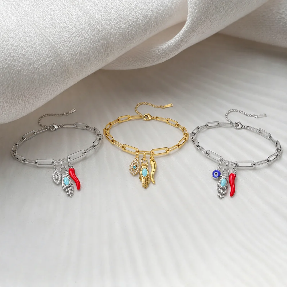 Evil Eye Hamsa Italian Horn Protection Charm Bracelet Mano Cornuto Good Luck Cornicello Protection Amulet Jewelry Gifts