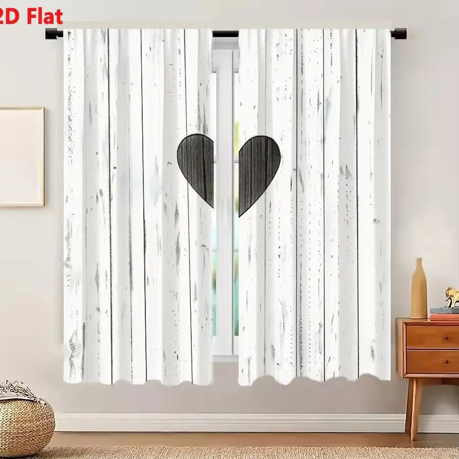 2Pcs Curtains 2D FLAT Distressed White Wooden Background With Horizontal Planks Dark Gray Black Wood Grain Heart Shape Focal Poi