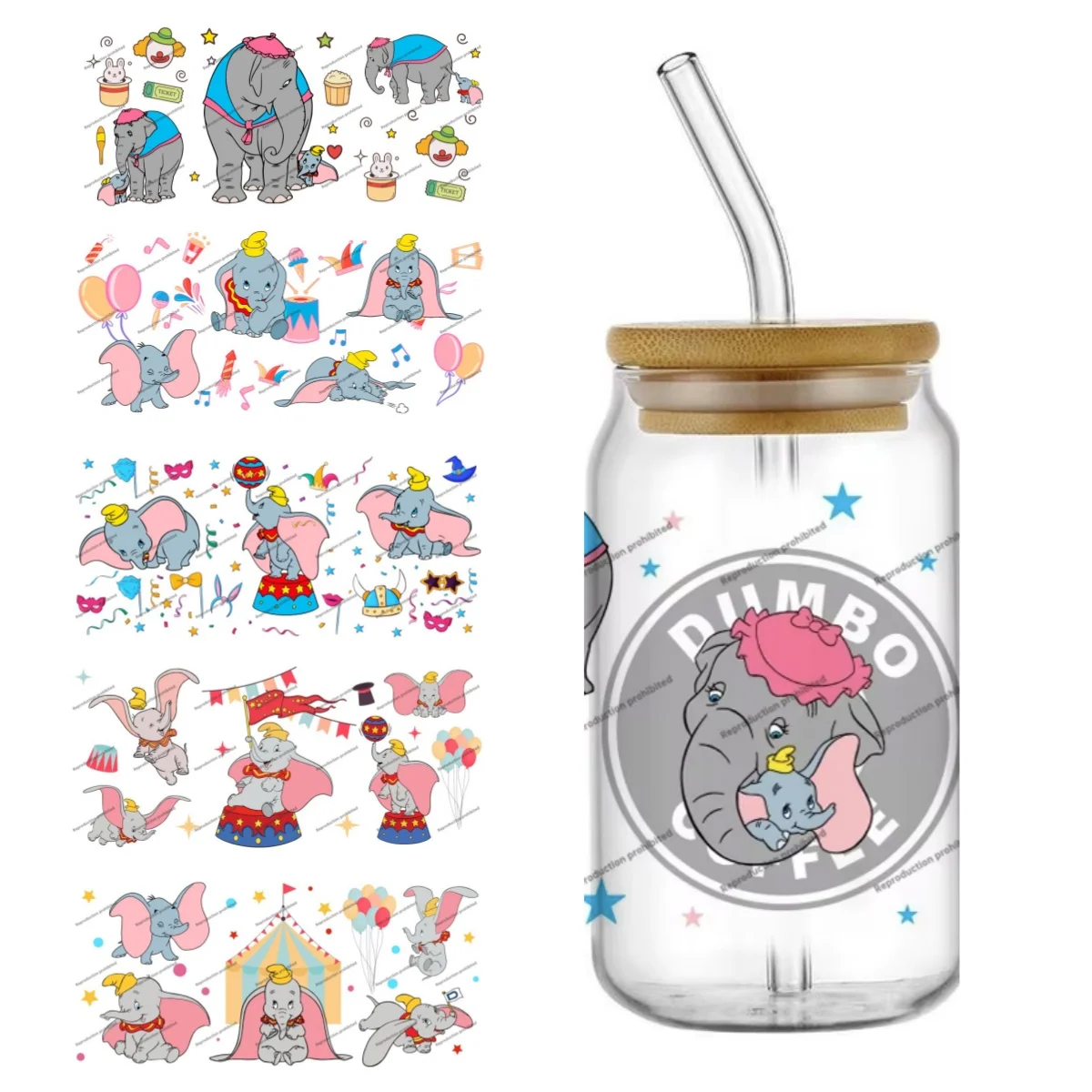 Funko Bestseller Elefant Dumbo 16oz UV DTF 3D Transfer Cartoon Aufkleber Folienaufkleber für Glasdosenbecher Mode Handwerk DIY Kreativ