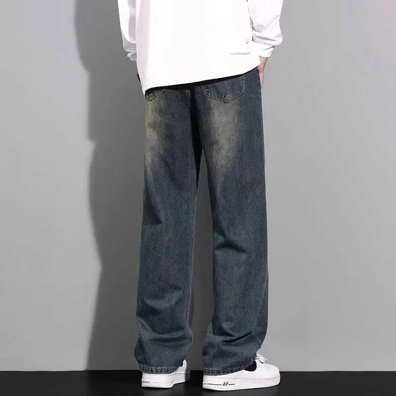American Style Vintage Fashion Men Loose Fit Straight Wide Leg Simple Basic Daily Casual Denim Trousers Male Streetwear Jeans