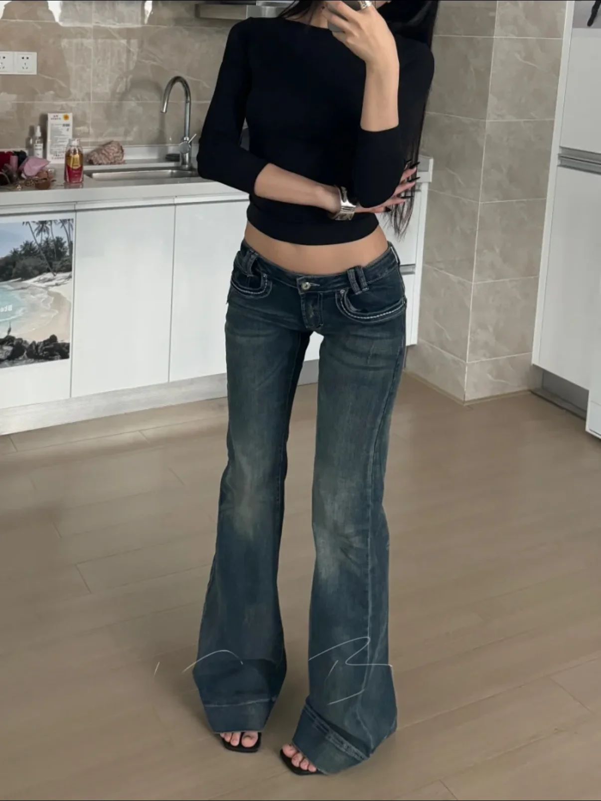 

Сексуальные джинсы с низкой посадкой и вышивкой, расклешенные, женские, утягивающие, винтажные, из денима, в стиле High Street, из эластичного хлопка