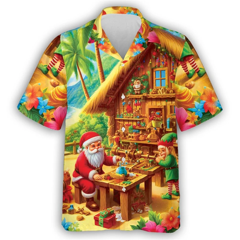 Hilarious Santa Claus 3D Printed Short Sleeve Shirts For Men Clothes Christmas Man Beach Shirt Hawaiian Xmas Gifts Button Tops