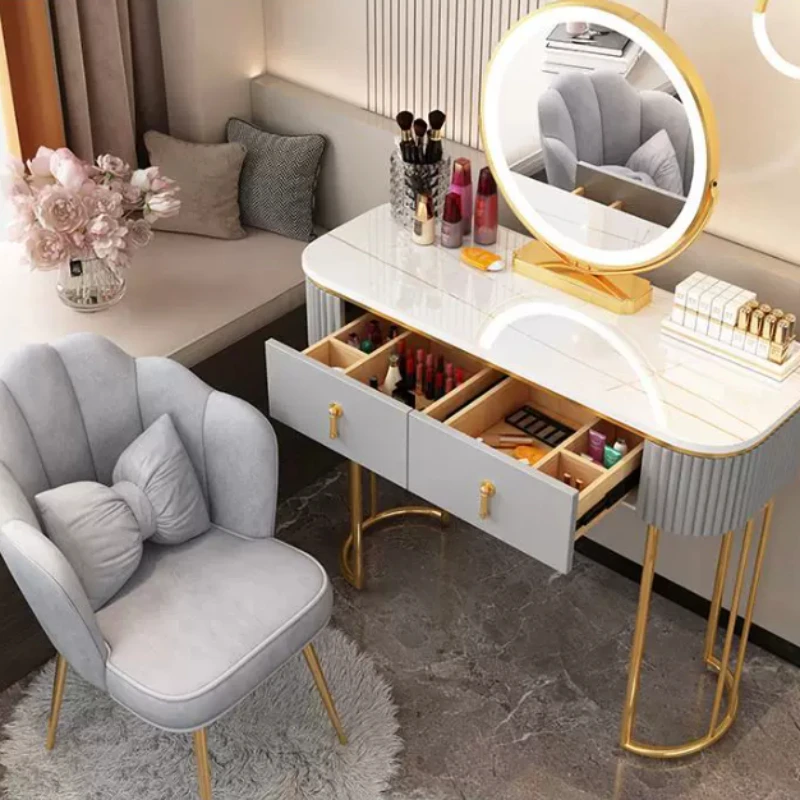 Spiegel-Schminktisch für Schlafzimmer, Weißer Schreibtisch mit Schubladen, Vintage Make-up-Tisch mit Beleuchtung, Mid-Century Möbel
