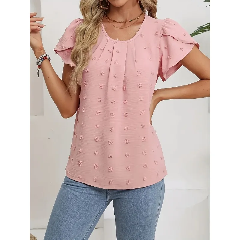 

Женская модная рубашка больших размеров с круглым вырезом, повседневная жаккардовая женская базовая рубашка с коротким рукавом, одежда, сексуальная повседневная рубашка