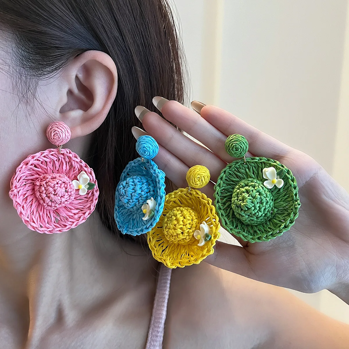 Cross-border Summer Vacation Wind Hand-woven Straw Hat Fringed Stud Earrings Raffia Niche Design Petal Earrings Earring Jewelry