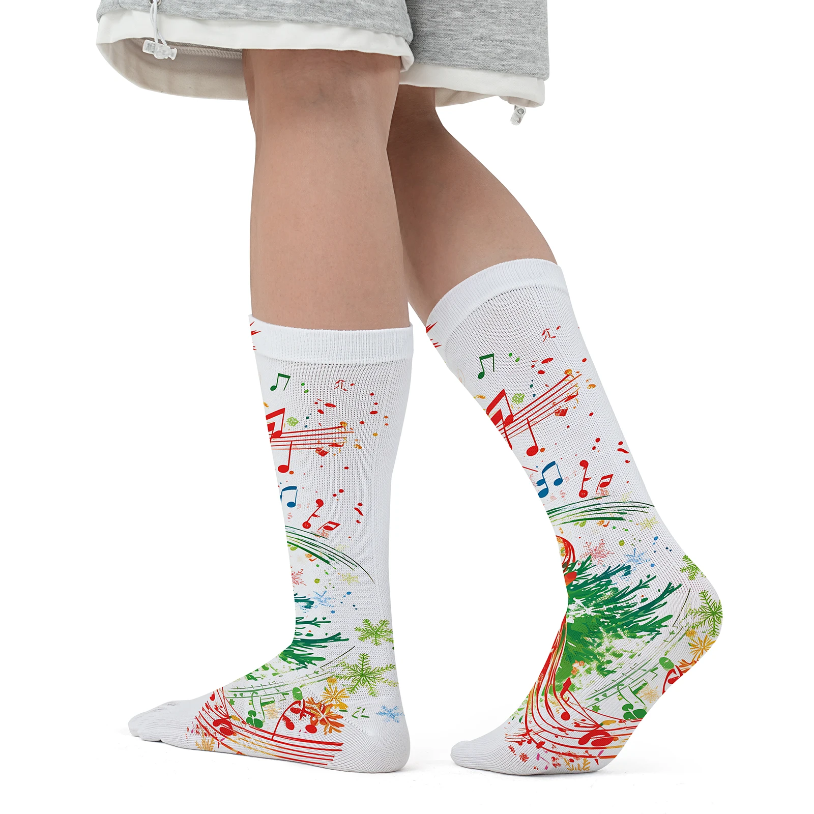 1 pair of Christmas tree Note staff print personality mid-tube sports fashion five-finger socks elastic comfort theme party