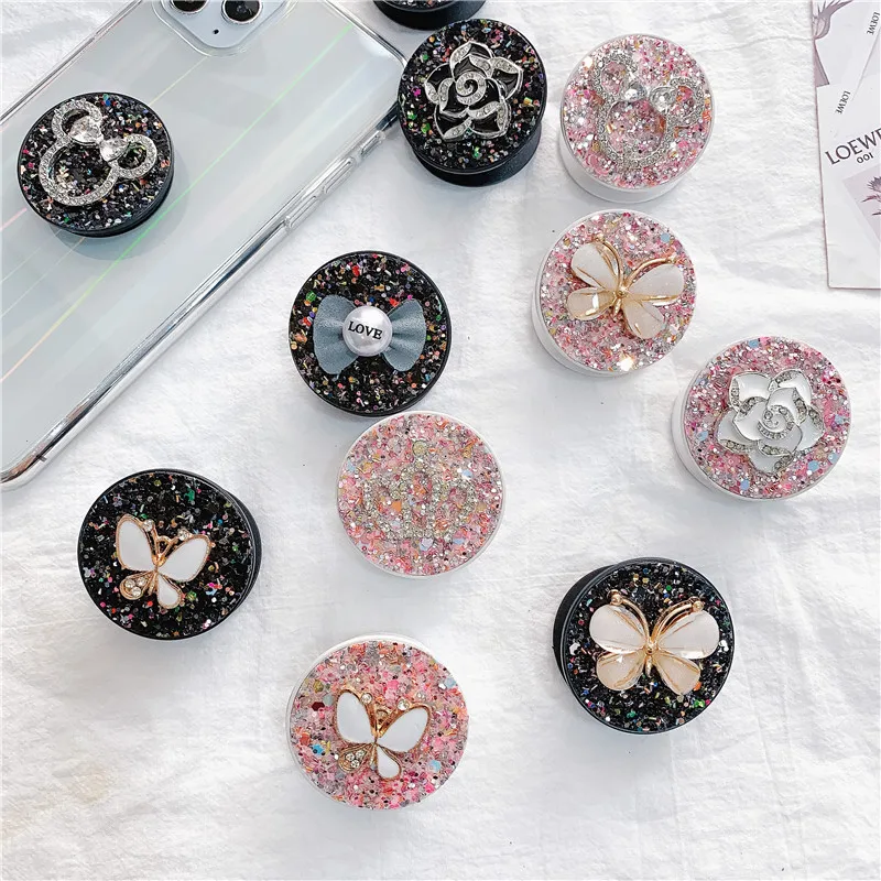 Support d'airbag extensible en diamant d'eau rose scintillant pour tablettes, support universel pour téléphone portable, support paresseux en pâte mignonne de dessin animé