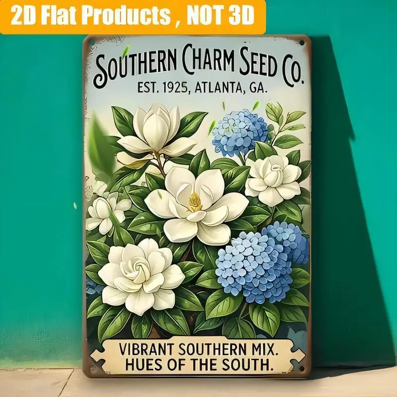 2D Flat Southern Charm Seed Co Vintage Metal Tin Sign - Retro Floral (Magnolia, Hydrangea) Design, Iron, Farmhouse/Home/Garden D