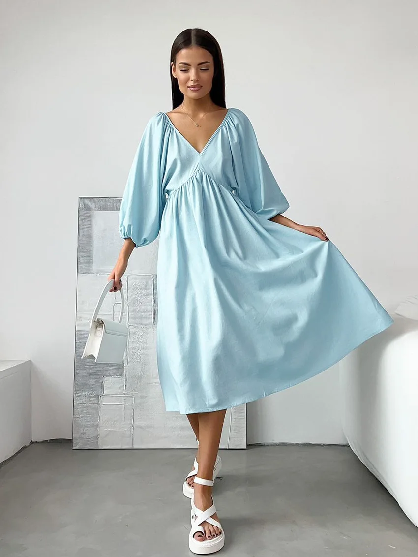 

Women's Elegant Solid Color Dress Spring Autumn Fashion Sexy Simple V-neck Long Sleeve Dress Puff Sleeve Swing Dress for Women