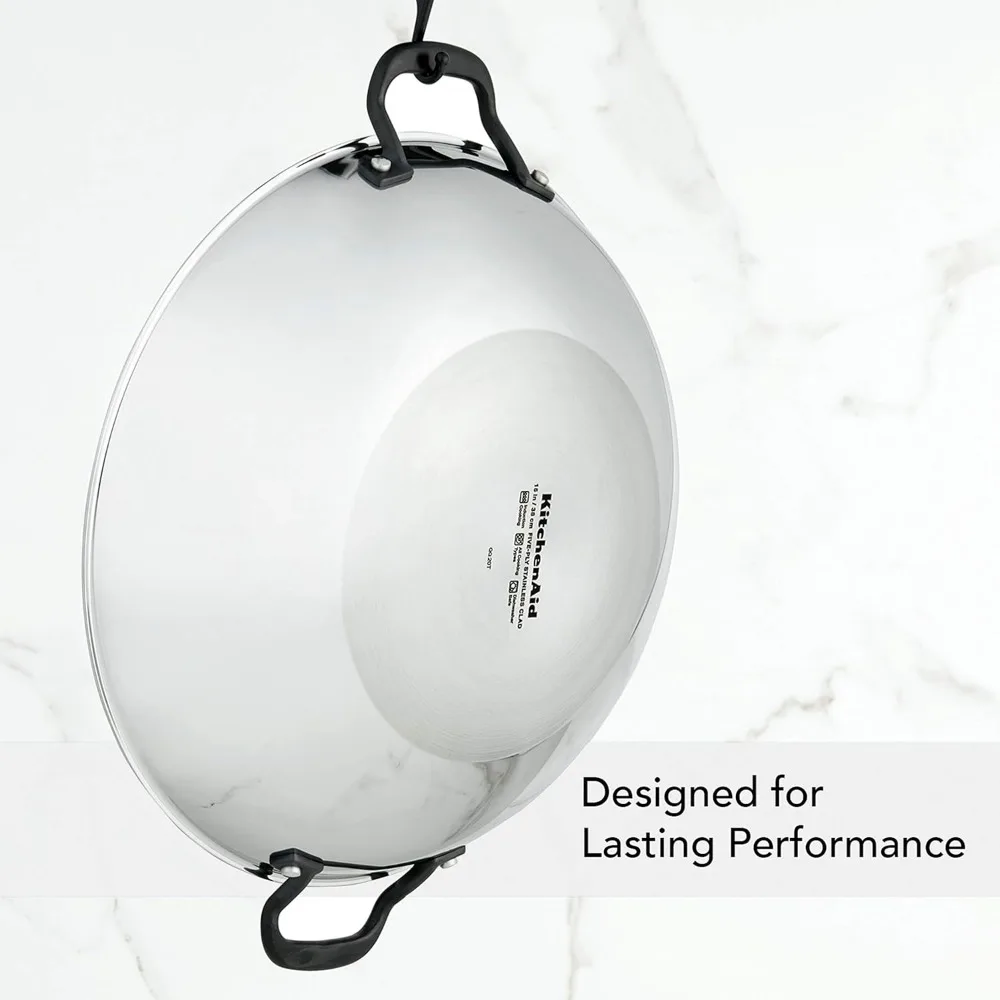 مقلاة كيتشن إيد مقاس 15 بوصة من الفولاذ المقاوم للصدأ جاهزة للحث، آمنة للاستخدام في غسالة الأطباق، مقلاة مقلية مفتوحة مكونة من 5 طبقات #5