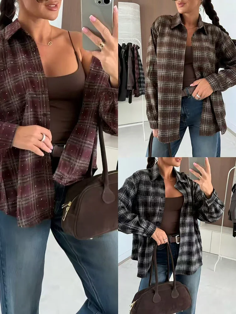 

Elegant Lady Lapel Loose Shirts Casual Single Breasted Contrast Color Print Blouse Fall Winter Vintage Long Sleeve Commute Coat