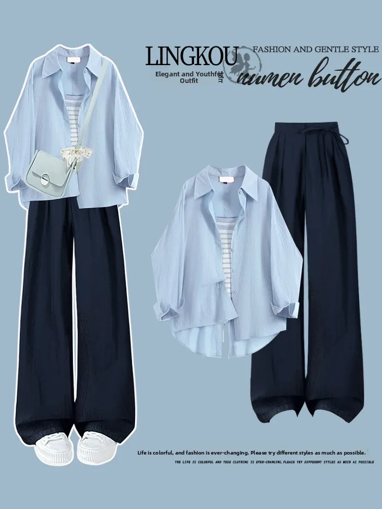 plus Size Women's Stripe Shirt Strap Cardigan Slimming Mountain Pants Two Piece Set Summer Fashionable Quality Clothing