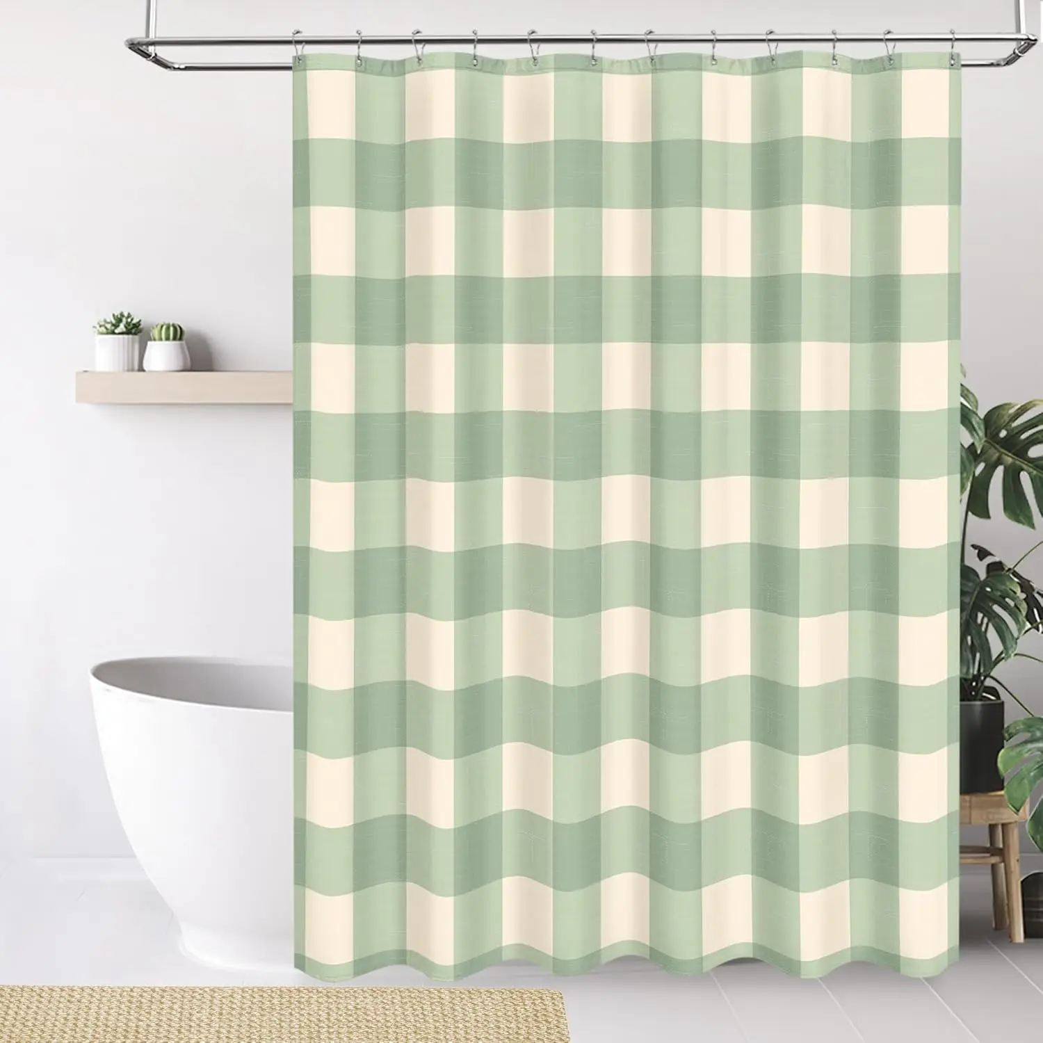 

Sage Green Beige Plaid Shower Curtain, Waterproof Fabric Bathroom Curtain with Hooks, Classic Gingham Bath Curtain for Bathroom