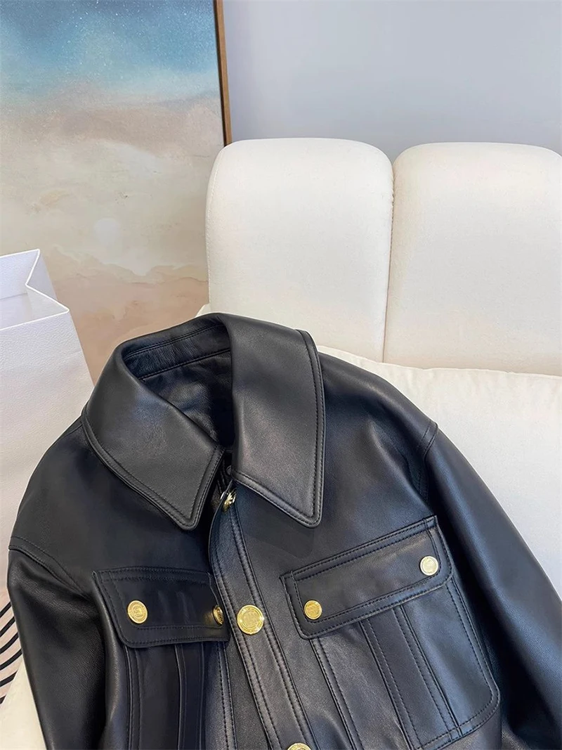 Chic Black Lapel Women Jacket Gold Buttons Flap Pockets Moto Short Coat Cropped Ribbed Trim Y2K Biker Streetwear Outerwear Top