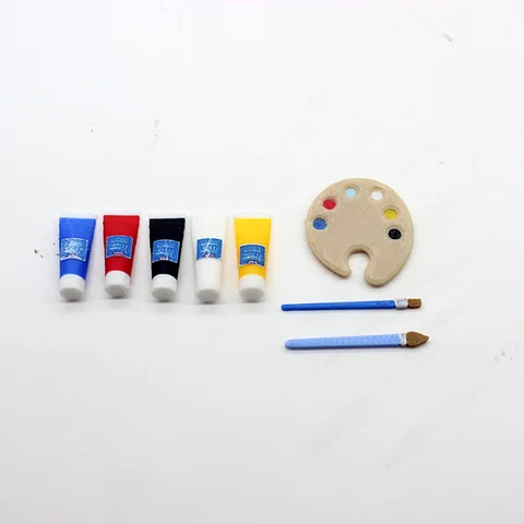 Новинка, 8 шт., 1/12, миниатюрная краска для кукольного домика, мини-кисть, палитра, модель для кукол, аксессуары, игрушки для девочек