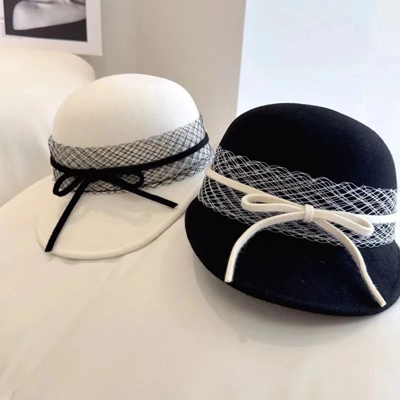 New winter wool felt mesh bowknot decoration lady service hat women leisure visors cap