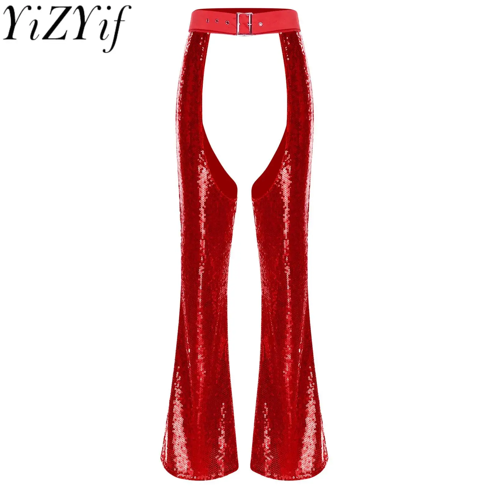 

Women Stylish Sequin Cowgirl Chaps Disco Dance Pants Fully Lined No Crotch Flared Pants for Halloween Party Role Play Costumes