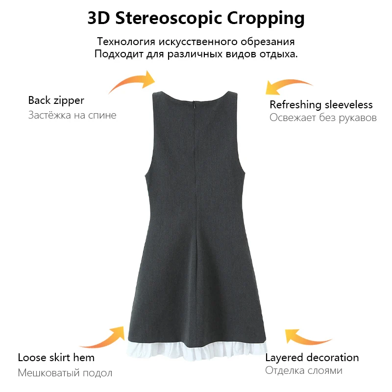 Vestido feminino sem mangas com decoração em camadas, bainha com babados, mini vestido elegante estilo universitário, vestido elegante trafizaran