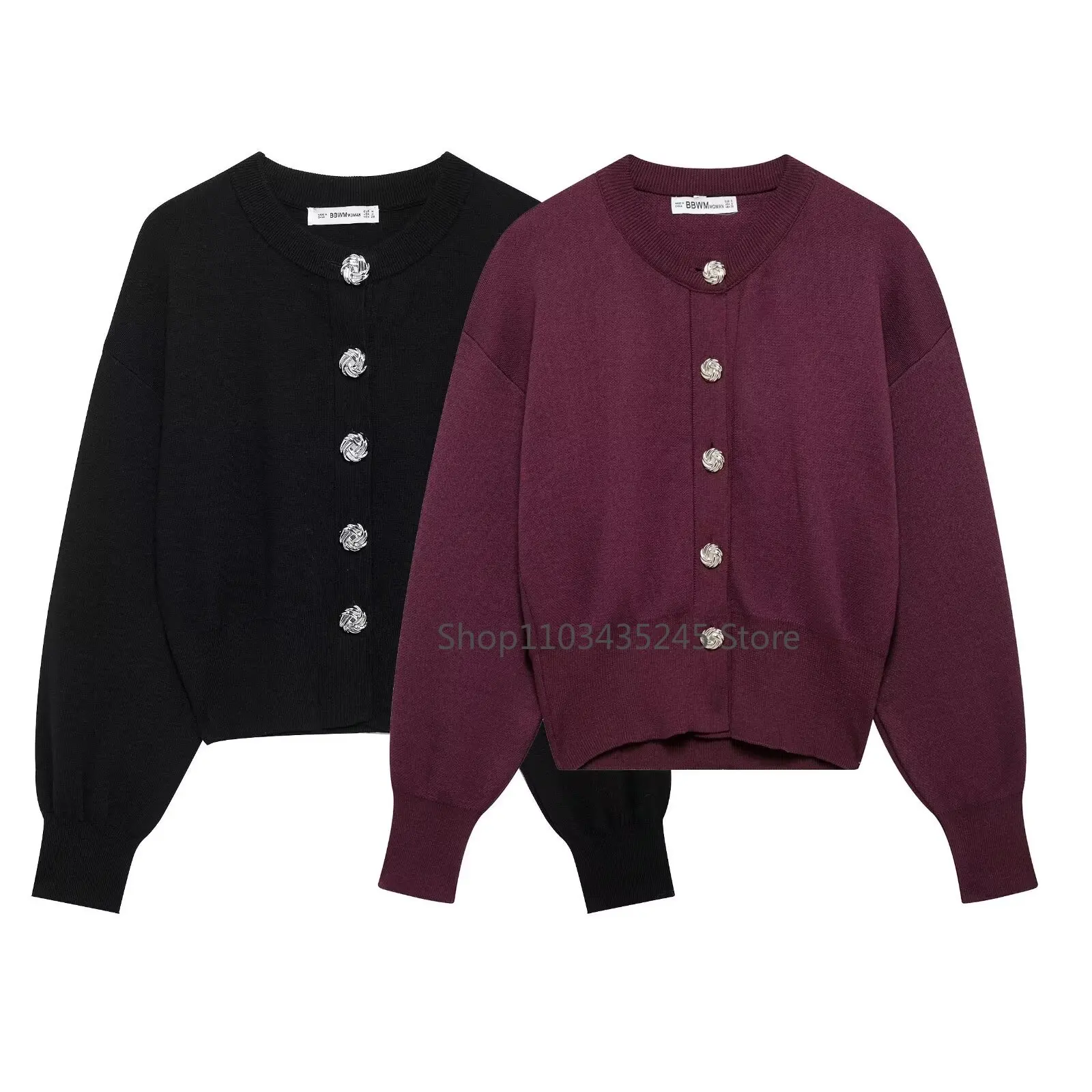 Women Black Cropped Knit Cardigan with Large Buttons Round Neck Long Sleeves Ribbed Cuffs Autumn Knitted Sweater Coat 5586