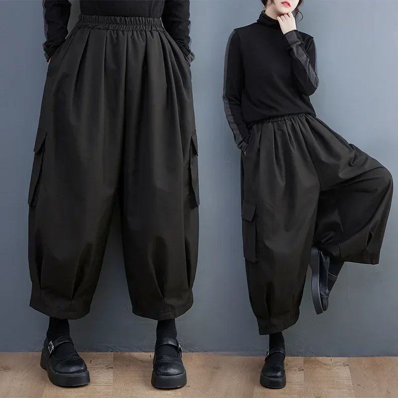 

Black Vintage High Elastic Waist Oversized Cargo Pants Women New Loose Casual Pocket Fashion Ladies Trousers Spring Summer