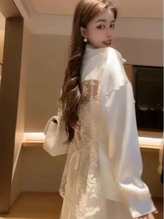 

Новая женская блузка Ele с кружевными вставками и длинными рукавами, атласная на ощупь, премиум-класса, омолаживающая, модная, для деловых встреч и повседневной носки