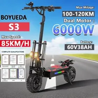BOYUEDA S3 E-Scooter 6000W Dual Motors 60V38AH Battery 11Inch Off-road Electric Scooters max speed 85km/h Hydraulic Disc Brake