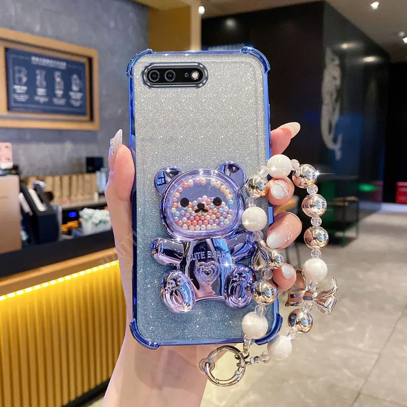 Perlenarmband-Lanyard Glitzer Lazy Bear Handyhalter-Hülle für iPhone 8 Plus 7 6 6s Plus SE 2020 7plus 8plus Standfunktion Rückseiten-Cover