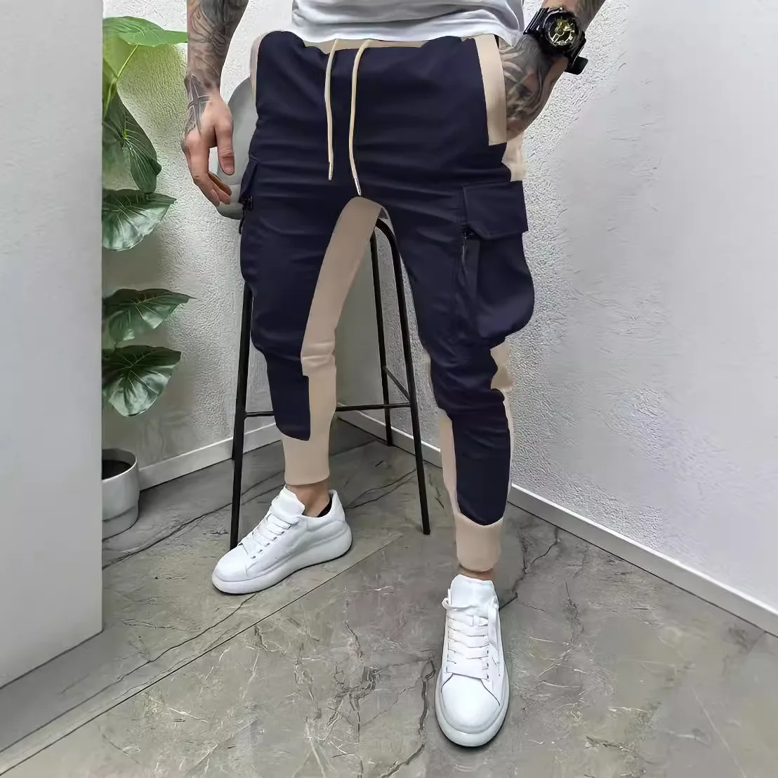 New Spring And Autumn Men's Color Matching Pocket Loose Outdoor Sports Pants Fashion With Breathable Small Feet Pants