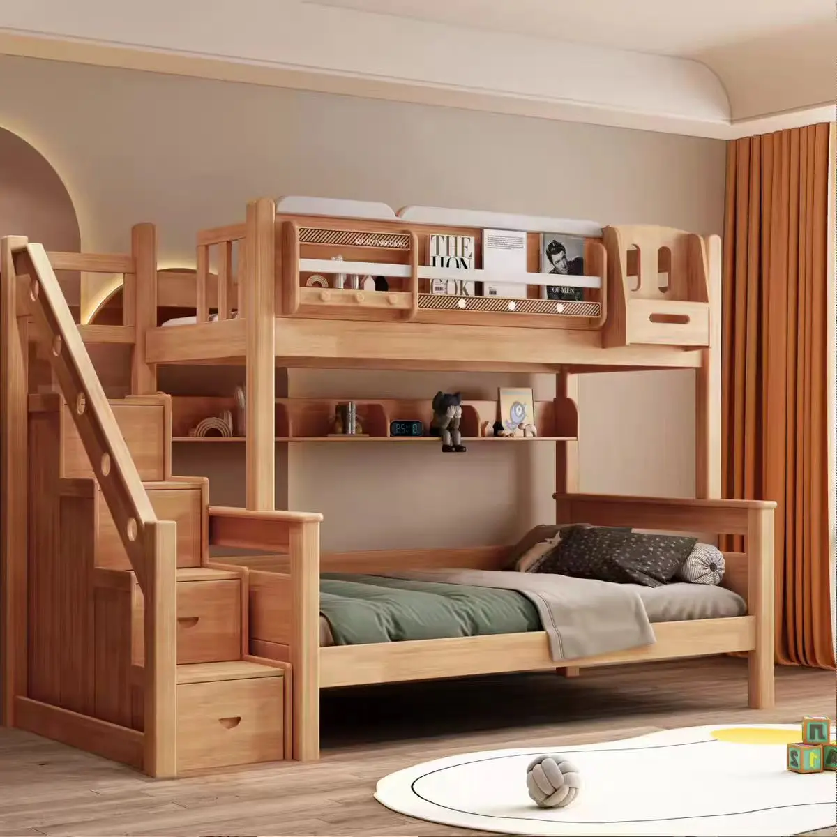

！@Factory Price Solid Wood Twin Bunk Bed with Shelves and Trundle Kids Furniture for Kids' Bedroom Storage Bunk Bed