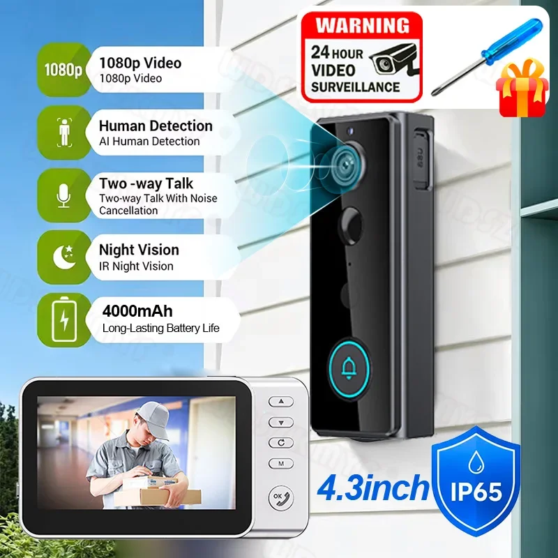 New Waterproof Wireless Doorbell Camera 4000mAh 1080P HD 4.2'' Screen 170° Wide Angle 2Way Audio Video Intercom for Home Entry