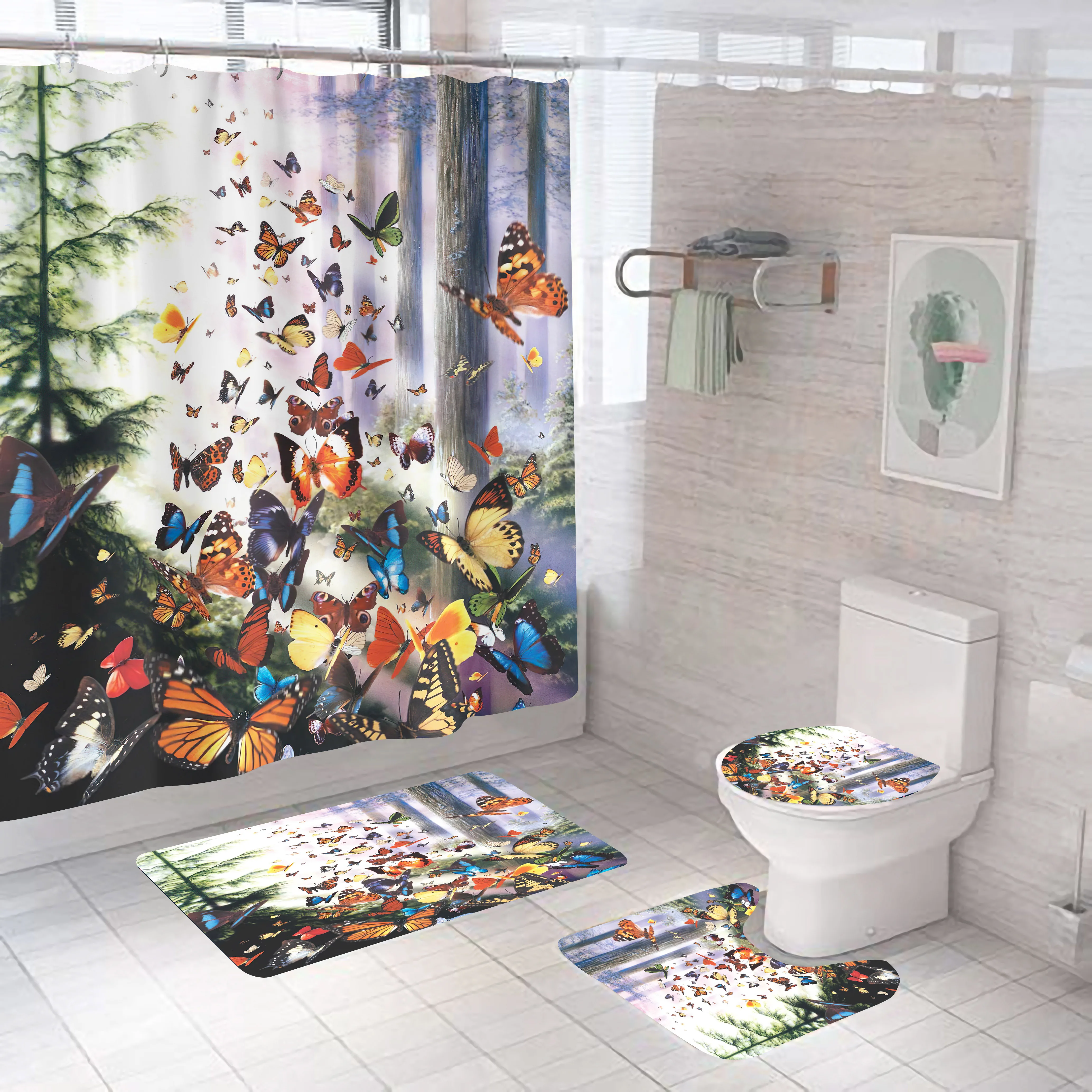 Wholesale Butterfly Series 4-Piece Shower Mat Curtain Set Vintage Cartoon Design Eco-Friendly 3D Printed Polyester Custom Color