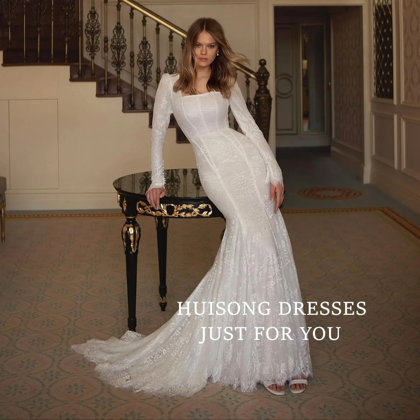 

HUISONG Customized suknia ślubna Modest Lace Appliques Mermaid Wedding Dresses Long Sleeves Beach Bridal Gown שמלת כלה