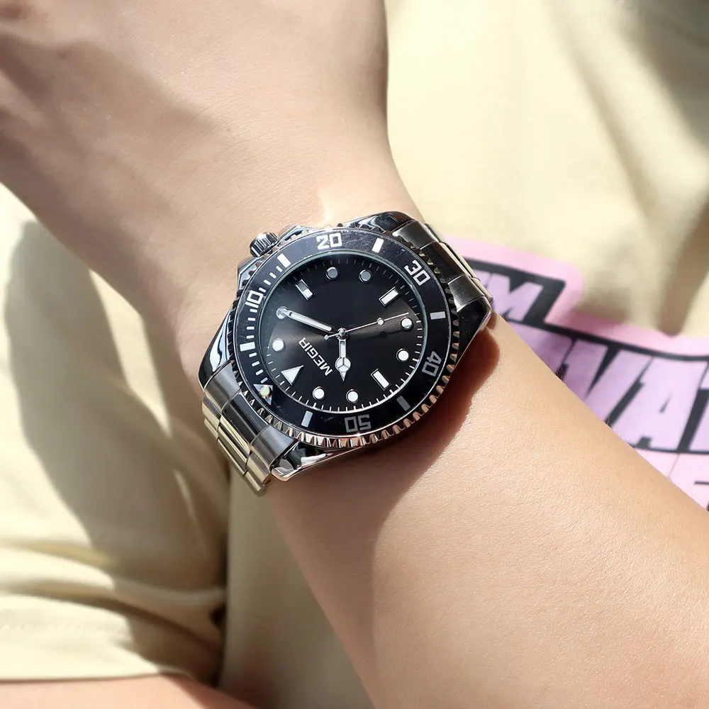 MEGIR Men's Minimalist Quartz Watch with Luminous Hands Calendar Date Stainless Steel Band Simple Business Style Wristwatch