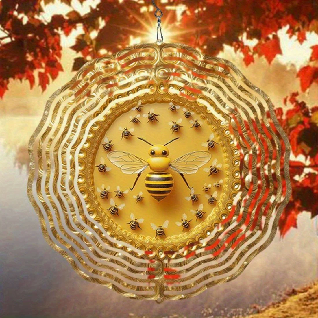 جبال الألب أفينيو ثلاثية الأبعاد الرياح المعدنية الرنين ماندالا مع تصميم النحل العسل، ديكور الحديقة الداخلي في الهواء الطلق هدايا جميع الفصول