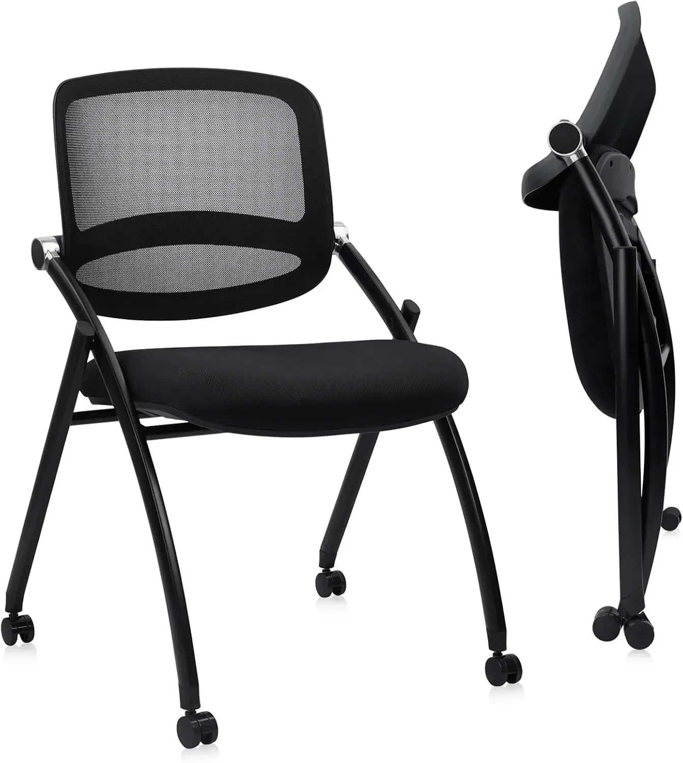 Stackable & Foldable Chairs with Wheels, Reception Guest Chairs with Lumbar Support, Ergonomic Curved Mesh Back Folding Chair fo