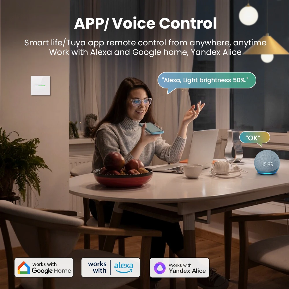 AVATTO Tuya WiFi 1/2 Gang Smart Dimmer Switch, EU Dimmer Interruttore Della Luce Touch Pannelli di Vetro di Controllo Per Alexa Google Casa Alice