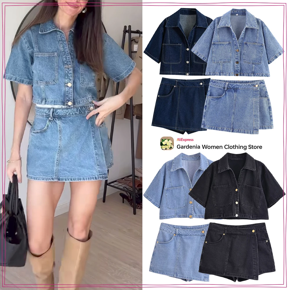 Fashion Cowgirl 2 Piece Set for Women V-neck Cropped Denim Shirt with Lapel Collar&Short Cuffed Sleeve Matching Wrap Denim Skort