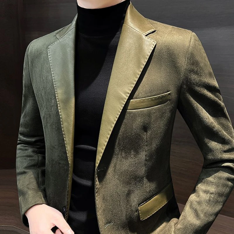 Spring Autumn Fashion Long Sleeve Turn-down Collar Patchwork Solid Deer Skin Blazers Men's Clothing Korean Pockets Button Tops