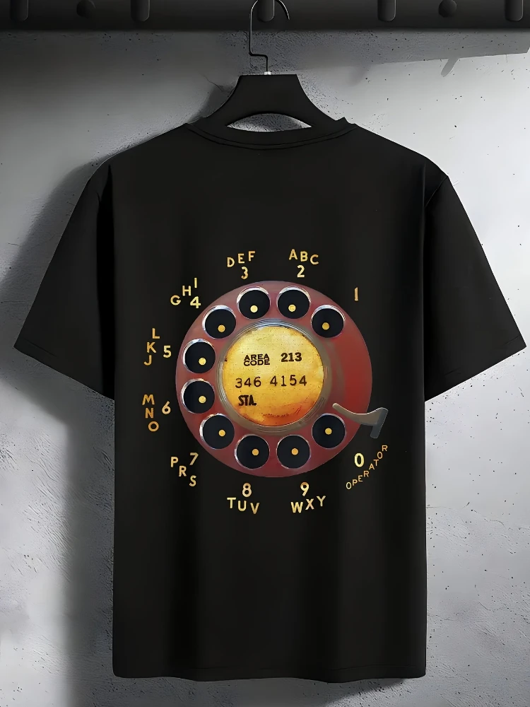 100% cotton, vintage dial phone summer printed round neck men's T-shirt.