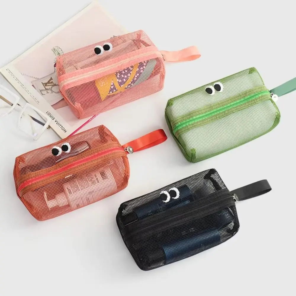 

Transparent Big Eyes Mesh Makeup Bag Portable with Handle Cute Zipper Pouch Drain Large Capacity Travel Cosmetic Handbag Women